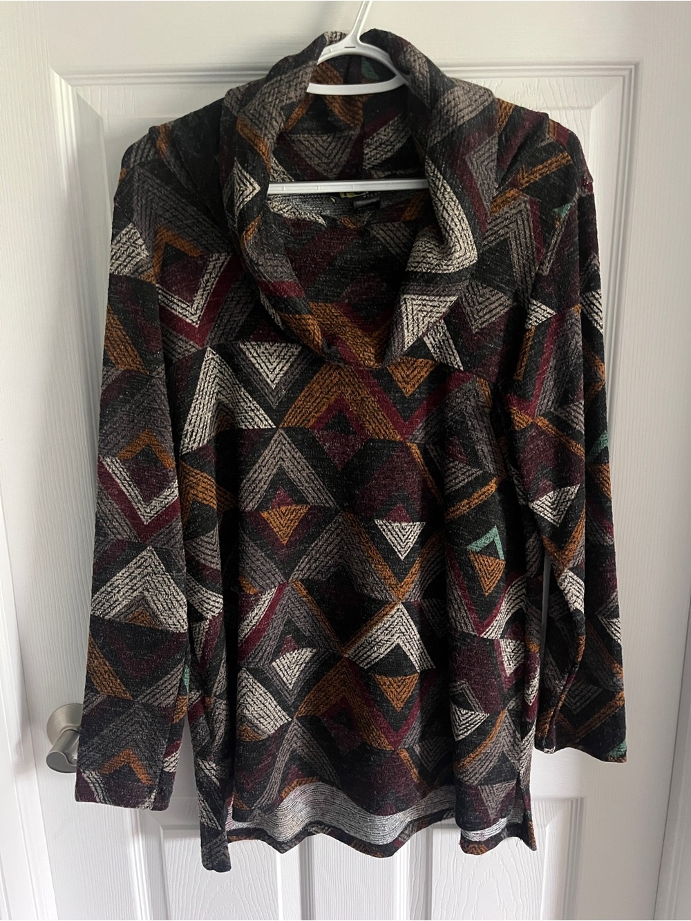 Cowl Neck Geometric Print Sweater - Black Multi